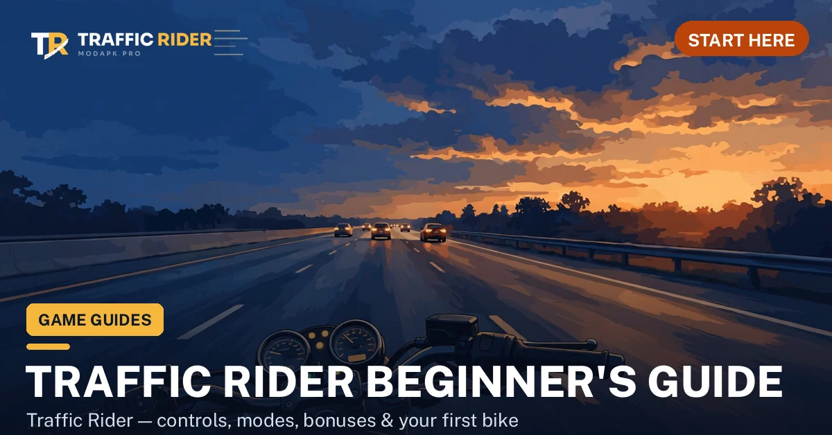 Traffic Rider beginner's guide: first-person riding on a highway at dusk