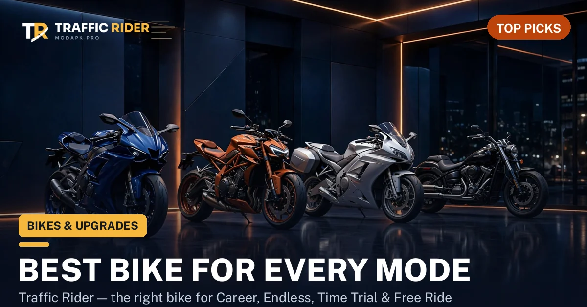 Best bike for every mode in Traffic Rider: four motorcycles in a dark showroom