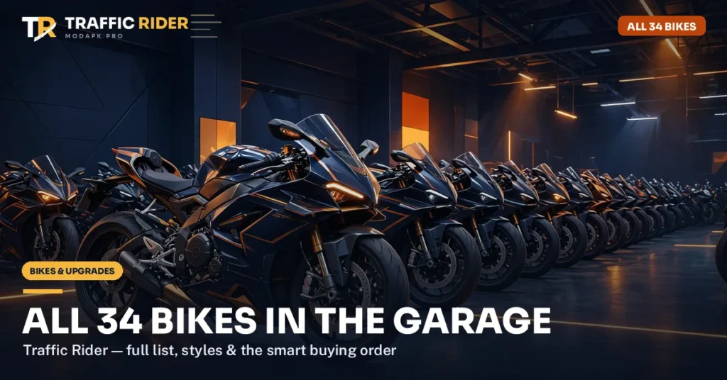 All 34 Traffic Rider bikes in the garage, from starter bikes to superbikes