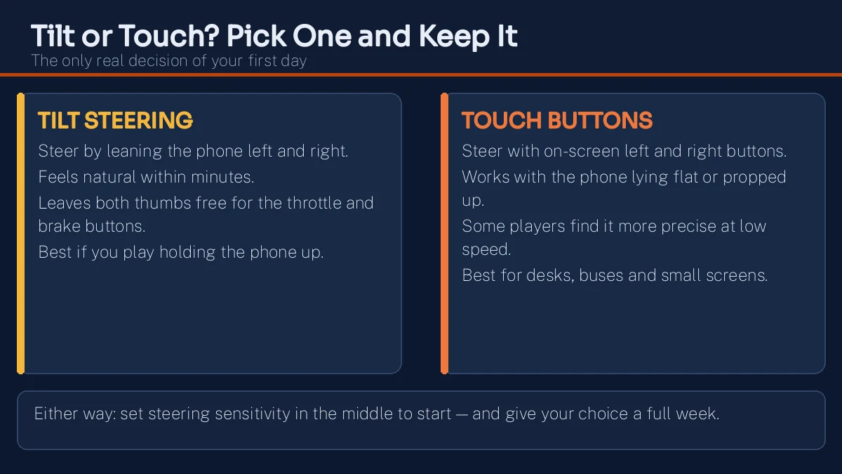 Traffic Rider controls compared: tilt steering versus touch buttons, with the setting that matters most for each