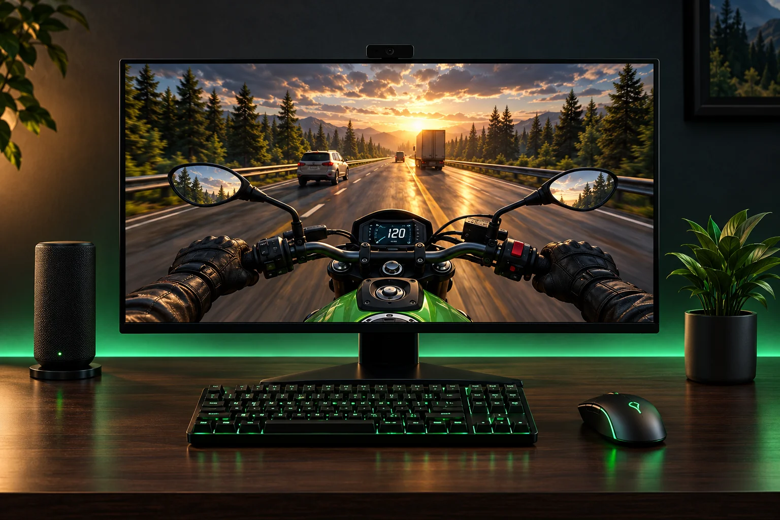 Traffic Rider gameplay on a Windows PC in first-person view, motorcycle dashboard showing 120 km/h on a sunset highway